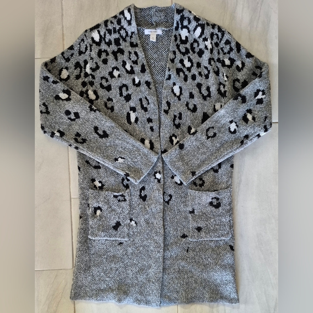 Nine West Brand New Grey w/Leopard Print Open Front Cardigan Size US Medium